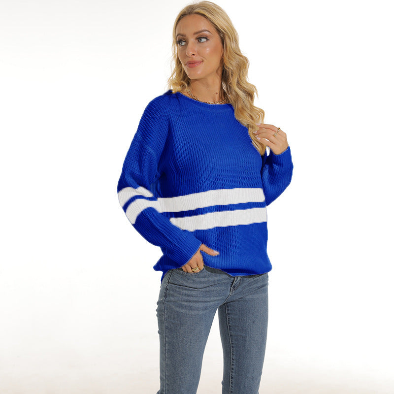 Chunky knit pullover for women with sporty striped pattern and relaxed fit Chic and Style