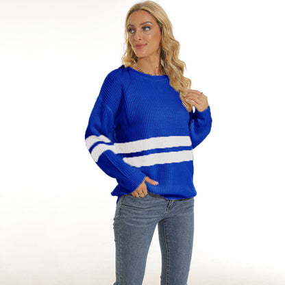Chunky knit pullover for women with sporty striped pattern and relaxed fit Chic and Style