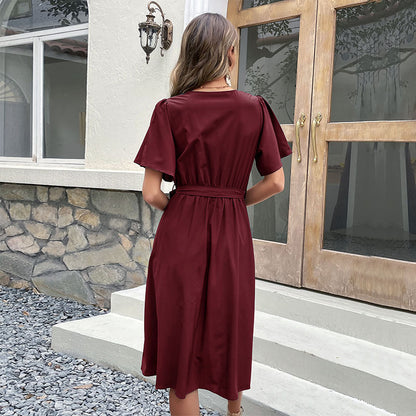 Robe midi à bouton enroulé pour femme avec pochette de ceinture Chic und Stil