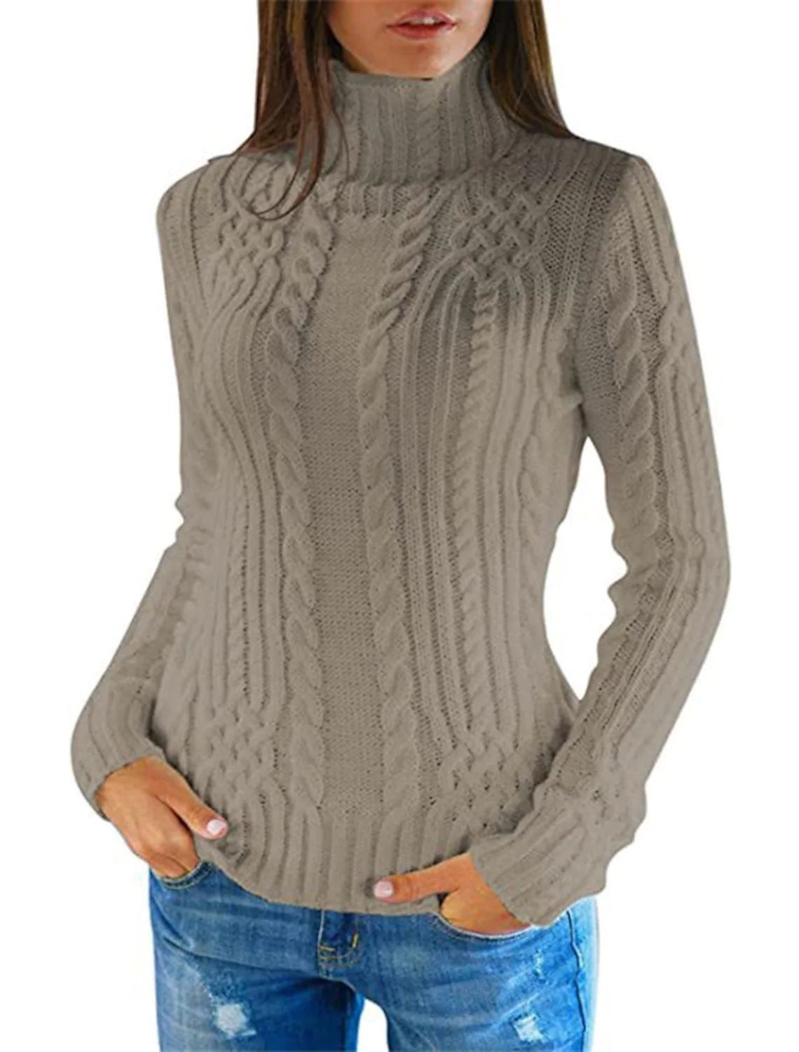 Dames Pull en tricot de haute qualité avec col montant et motif torsadé Chic und Stil