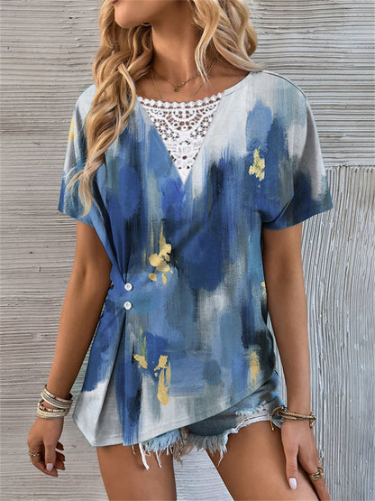 Blouse à manches courtes pour femmes avec décolleté en V et impression créative Chic und Stil