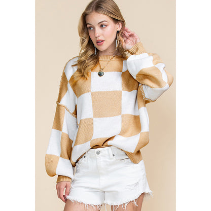 Pull oversized pour femmes à motif écossais et manches volumineuses Chic und Stil