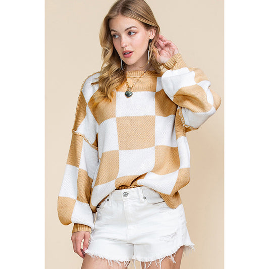 Pull oversized pour femmes à motif écossais et manches volumineuses Chic und Stil