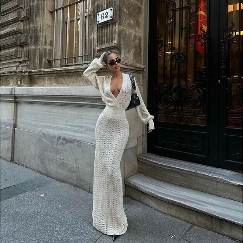 Robe maxi élégante en crochet pour femmes avec décolleté en V profond et design côtelé Chic und Stil