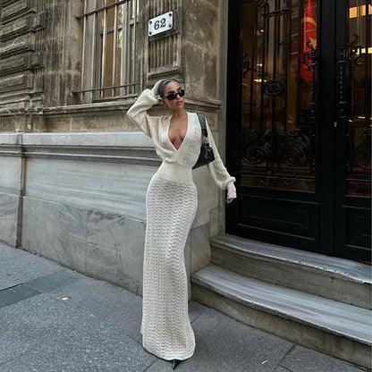Robe maxi élégante en crochet pour femmes avec décolleté en V profond et design côtelé Chic und Stil