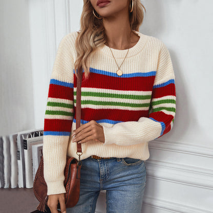 Pull en tricot décontracté pour femmes avec des rayures colorées et un col rond Chic und Stil