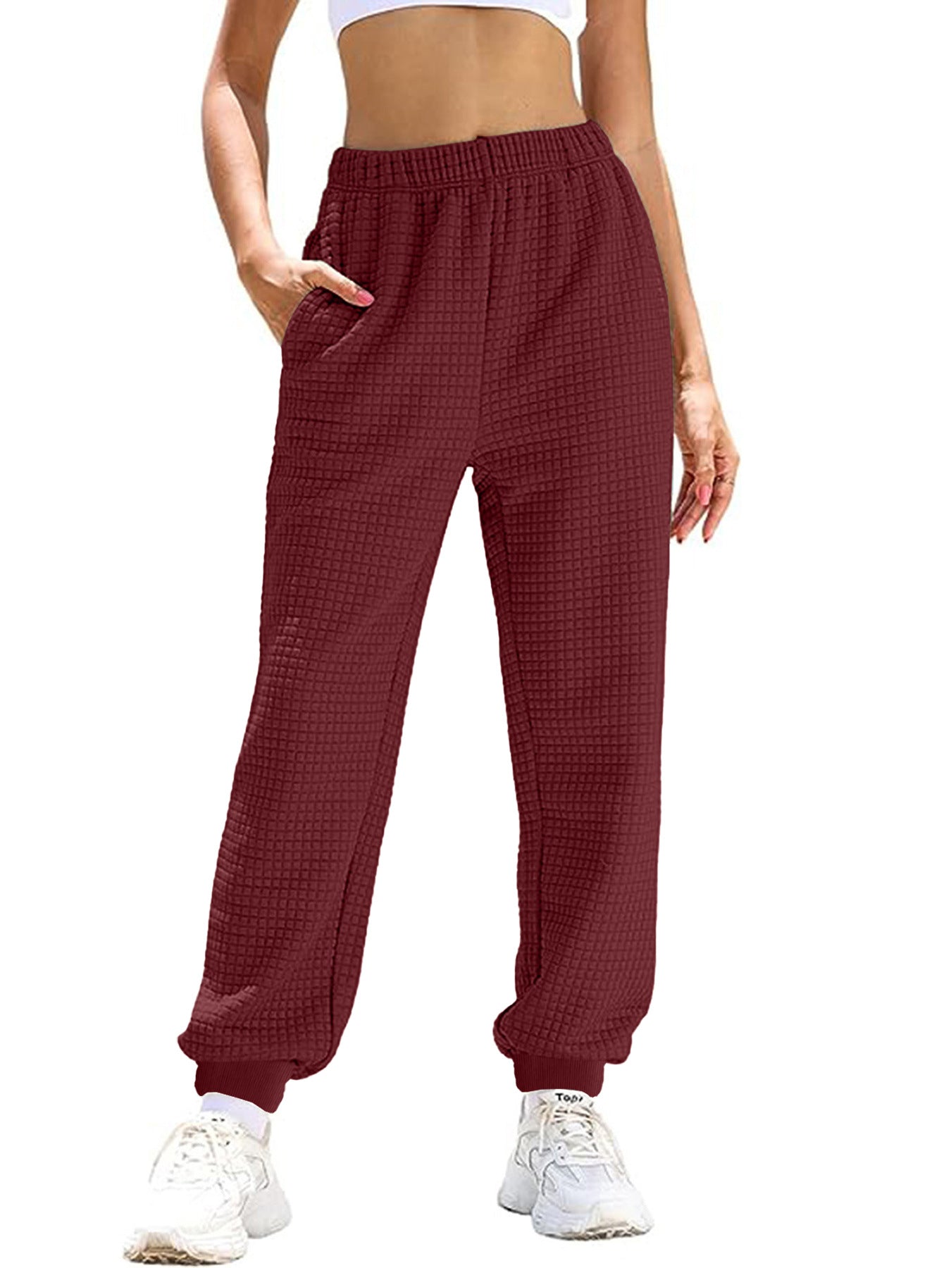 Women Comfortable Waffle Texture Sweatpants with Elastic Waist and Side Pockets Chic and Style