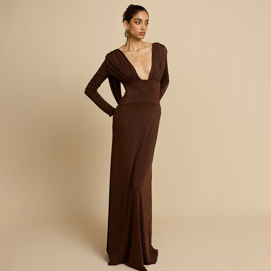 Robe maxi élégante pour femmes avec décolleté en V profond et manches longues Chic und Stil