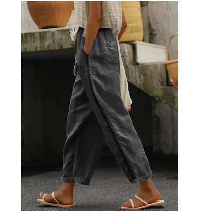 Ladies Lightweight Linen Pants with Side Button Detail Chic and Style