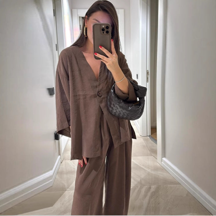 Damen Ensemble composé d'une blouse élégante à décolleté en V et de pantalons palazzo larges Chic und Stil