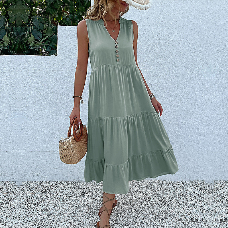 Robe maxi sans manches à volants pour femmes avec détail bouton Chic und Stil