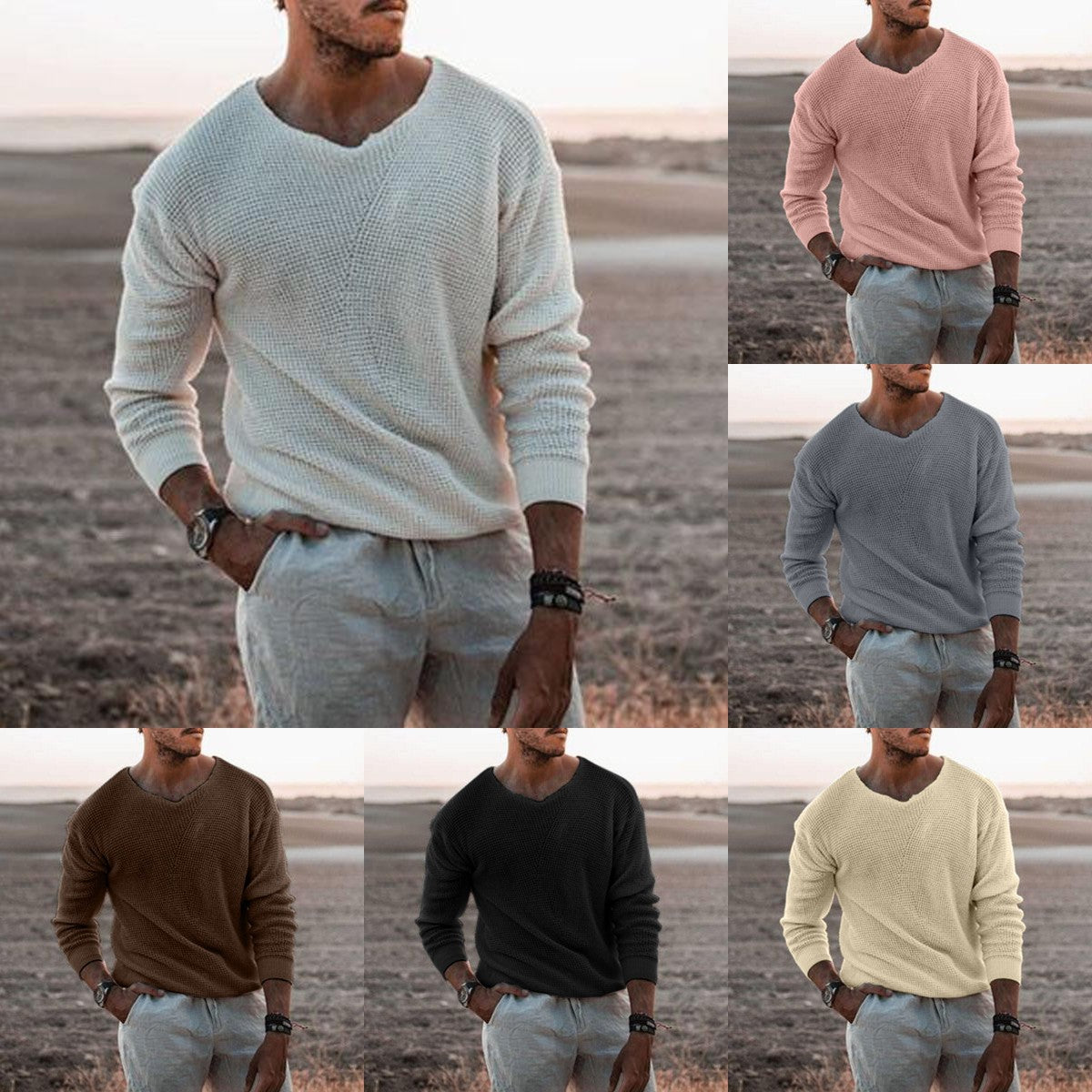 V-neck knitted pullover with textured surface for men Chic und Stil