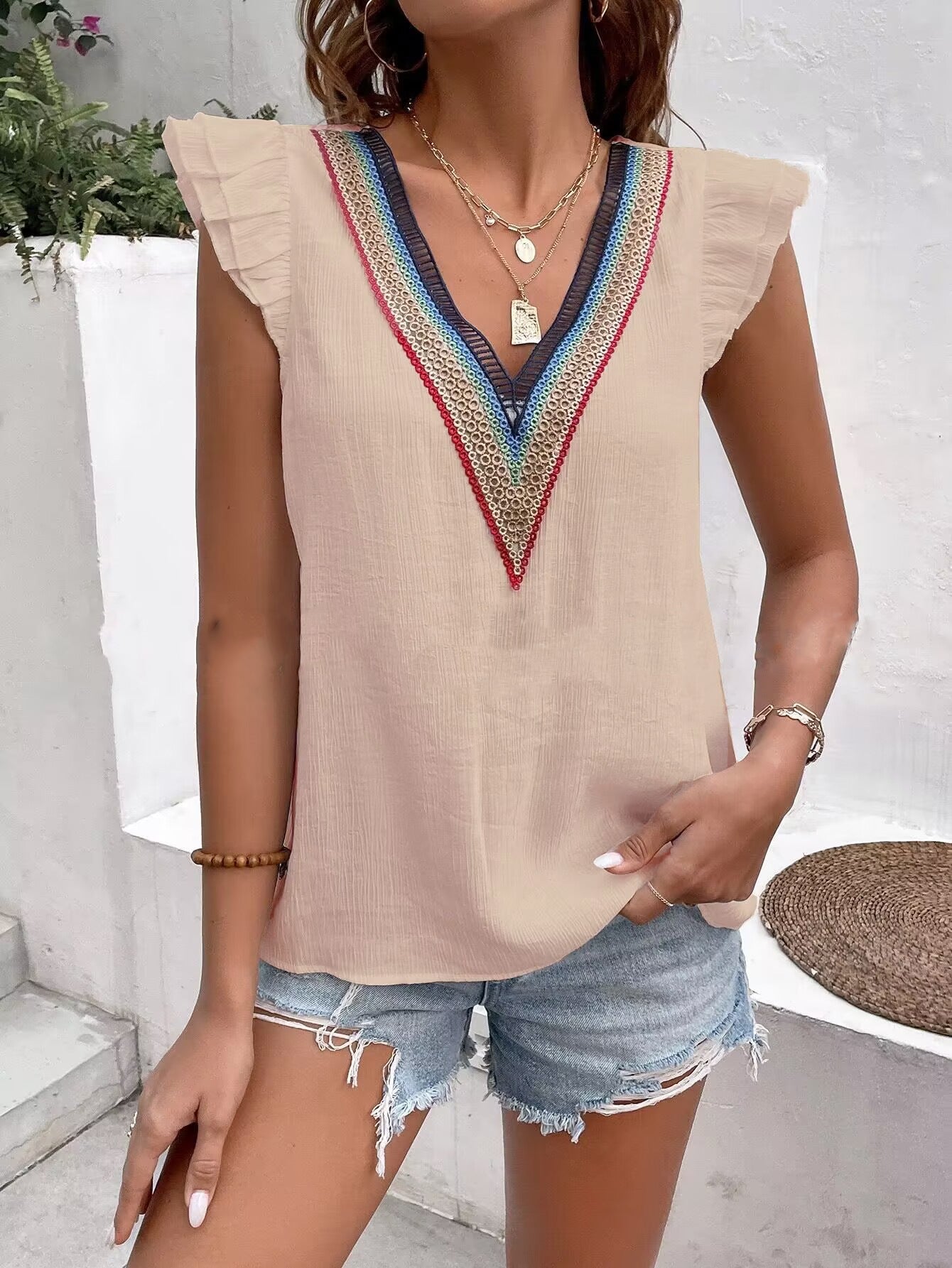 Dames Élégant Haut avec Décolleté à Volants Chic und Stil