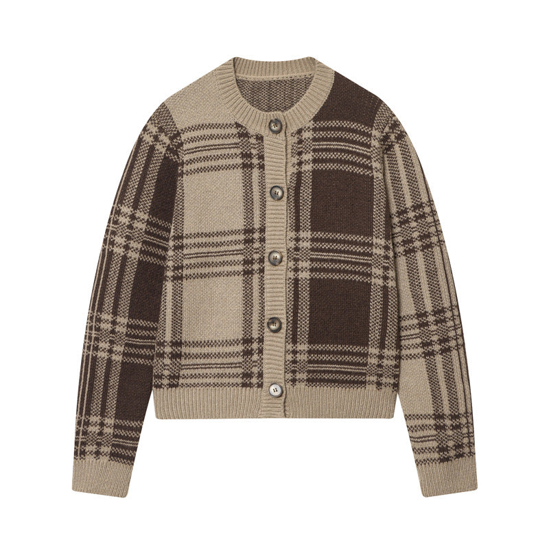 Pull-over en tricot à carreaux tendance pour femmes avec patte de boutons et col rond Chic und Stil