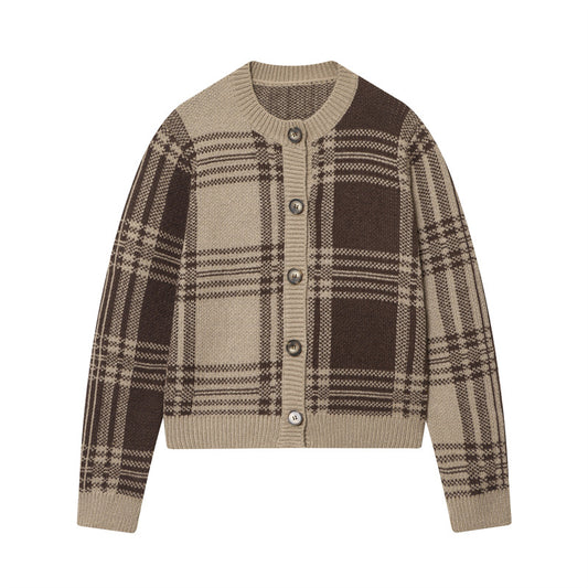 Pull-over en tricot à carreaux tendance pour femmes avec patte de boutons et col rond Chic und Stil
