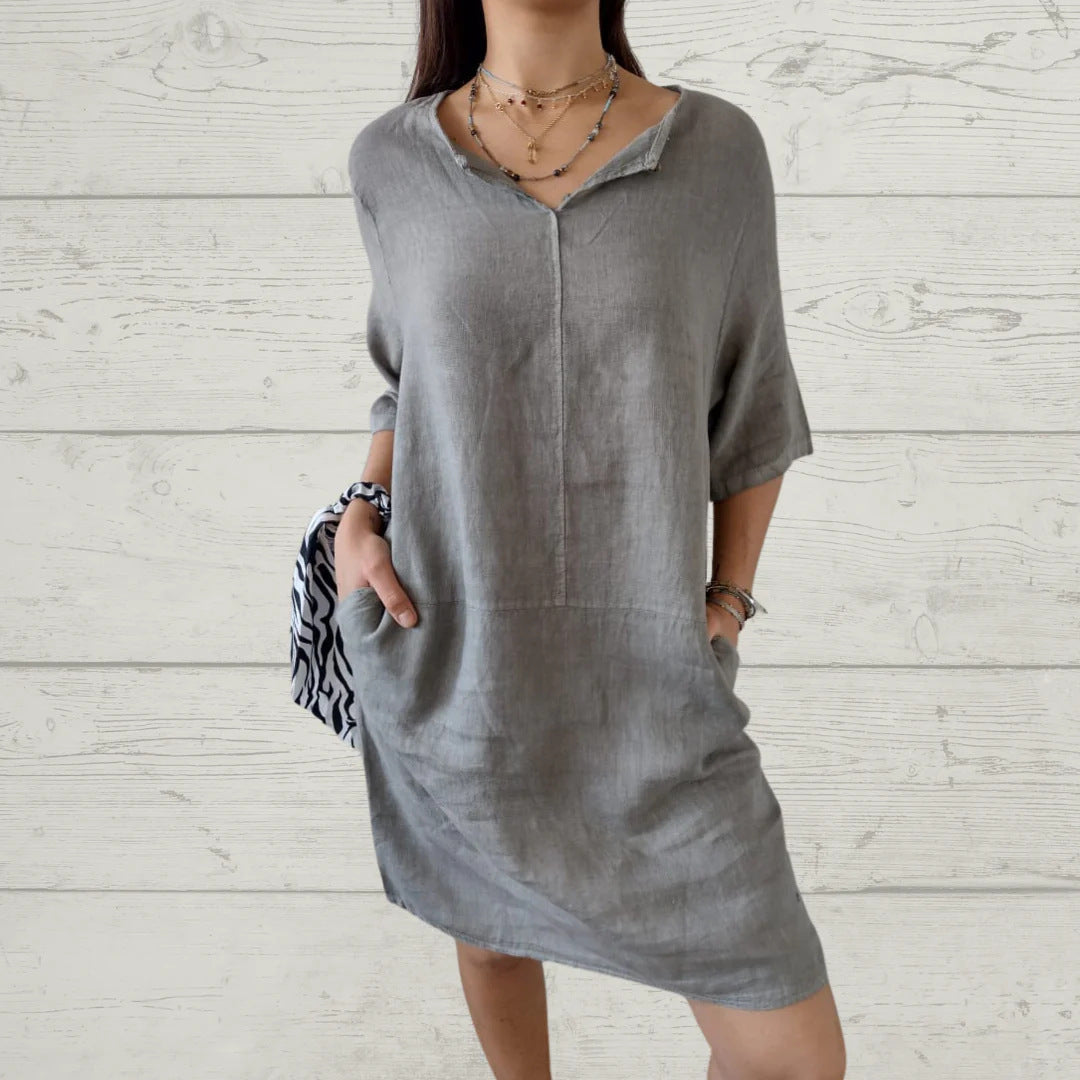Robe en lin pour femmes avec décolleté en V et poches pratiques Chic und Stil