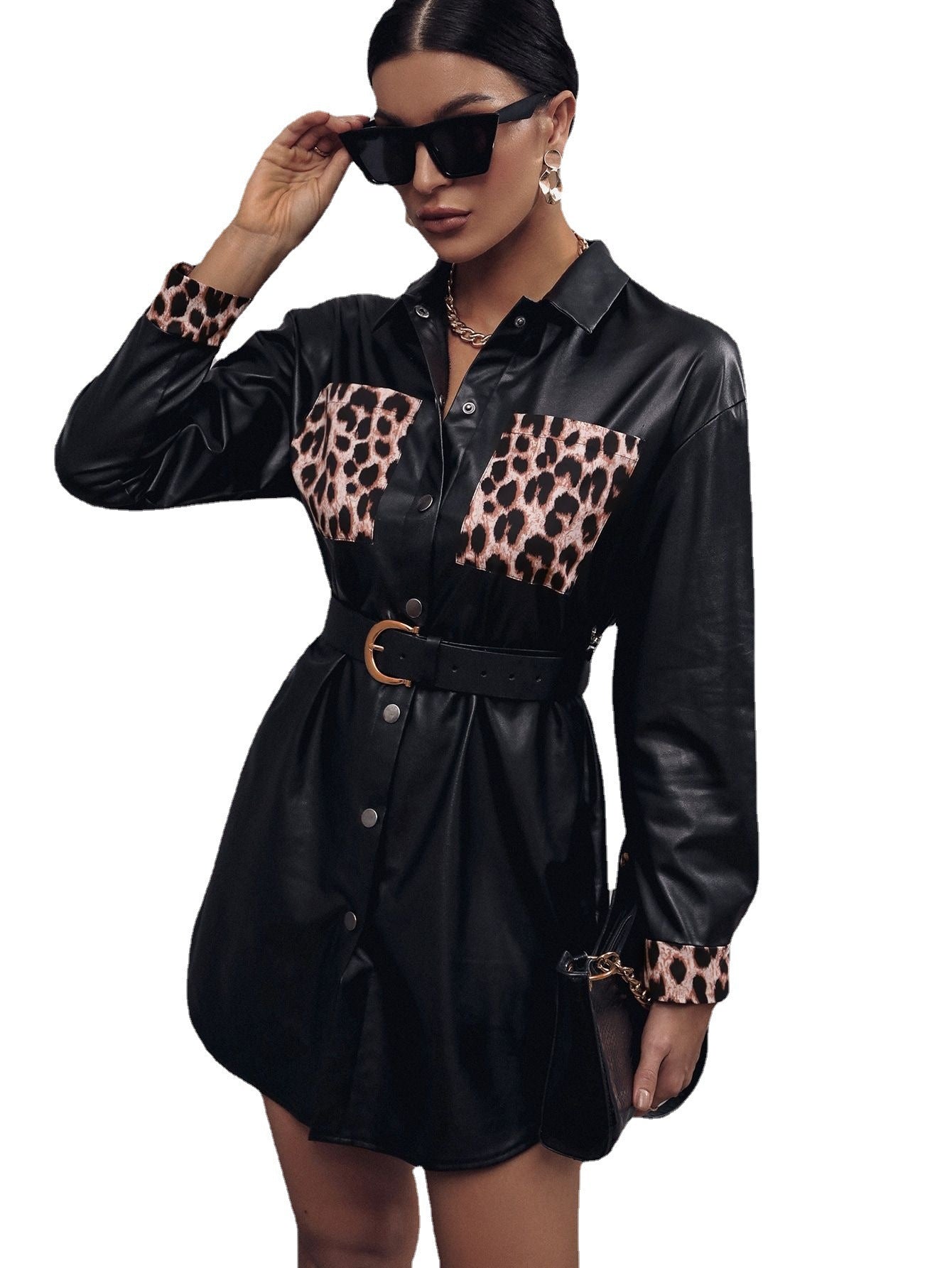 Robe chemise en simili cuir pour femmes avec imprimé animal et ceinture ajustable Chic und Stil