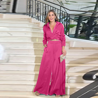 Women refined and elegant outfit with short blouse and wide pants Chic and Style