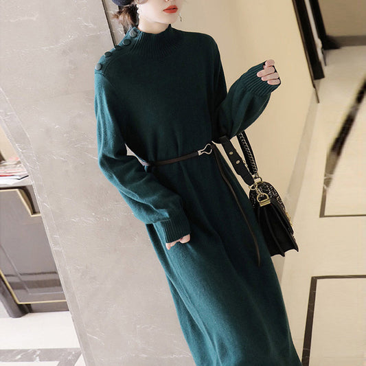 Dames Élégante robe maxi en tricot avec col montant et boutons décoratifs Chic und Stil