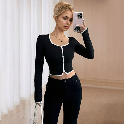 Chemisier à manches longues court pour femmes avec un design de boutons fins et un ourlet contrastant Chic & Stil