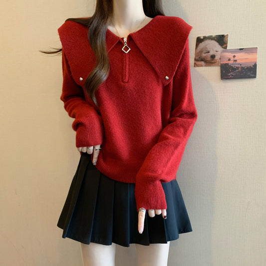 Dames pull tendance avec fermeture éclair originale et grand col Chic und Stil
