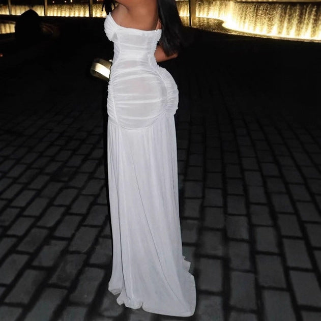 Dames Robe Maxi Sans Manches Élegante avec Détails Volants et Fente Haute Chic und Stil