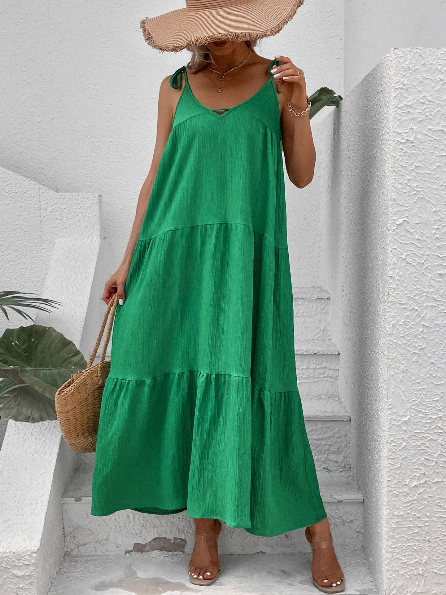 Femme Robe Maxi Drapée avec Bretelles Spaghetti Réglables Chic und Stil