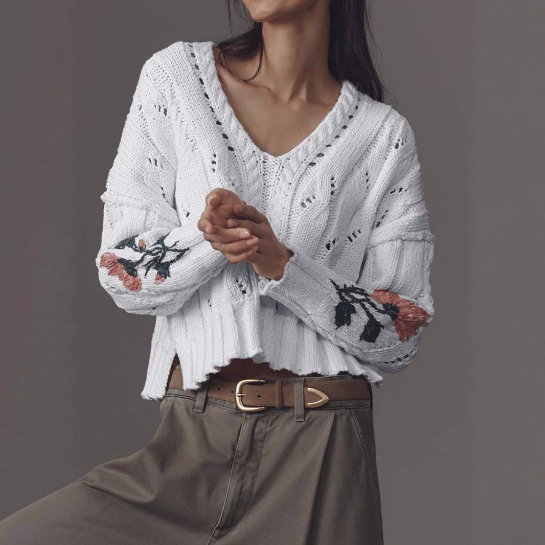 Pull en tricot pour femmes avec design floral et décolleté en V Chic und Stil