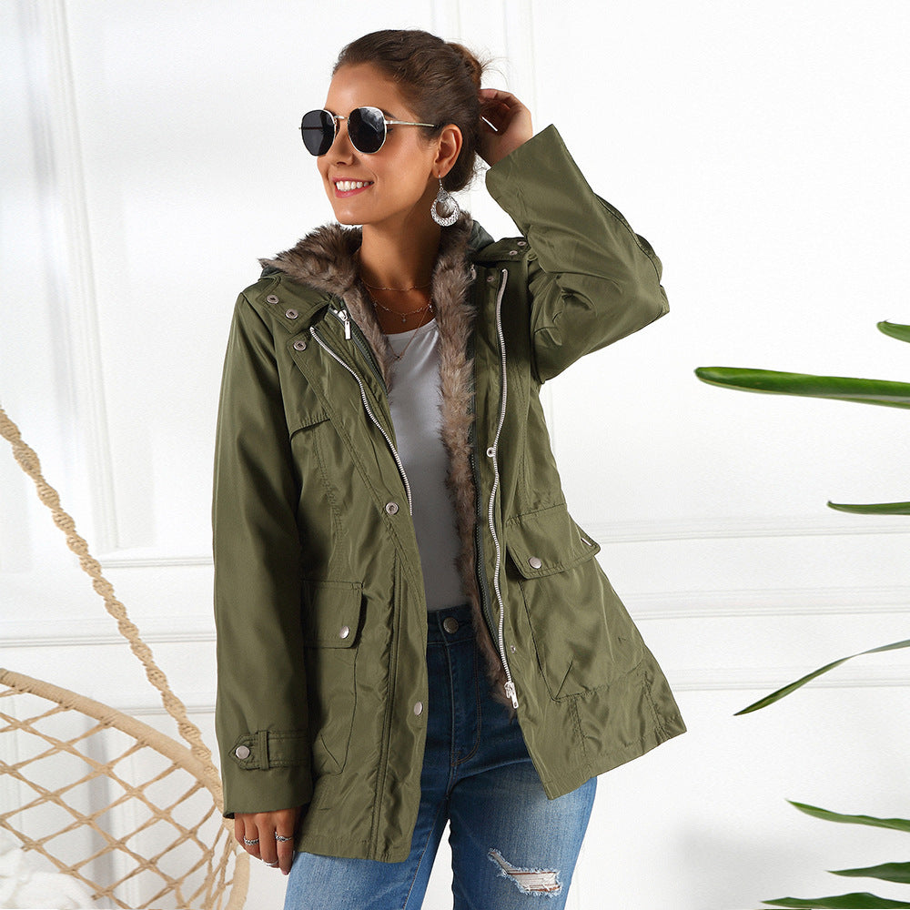 Ladies Outerwear Parka with adjustable drawstring and removable hood Chic and Style