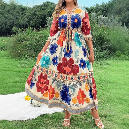 Robe maxi femme avec design floral coloré et ceinture à la taille Chic und Stil