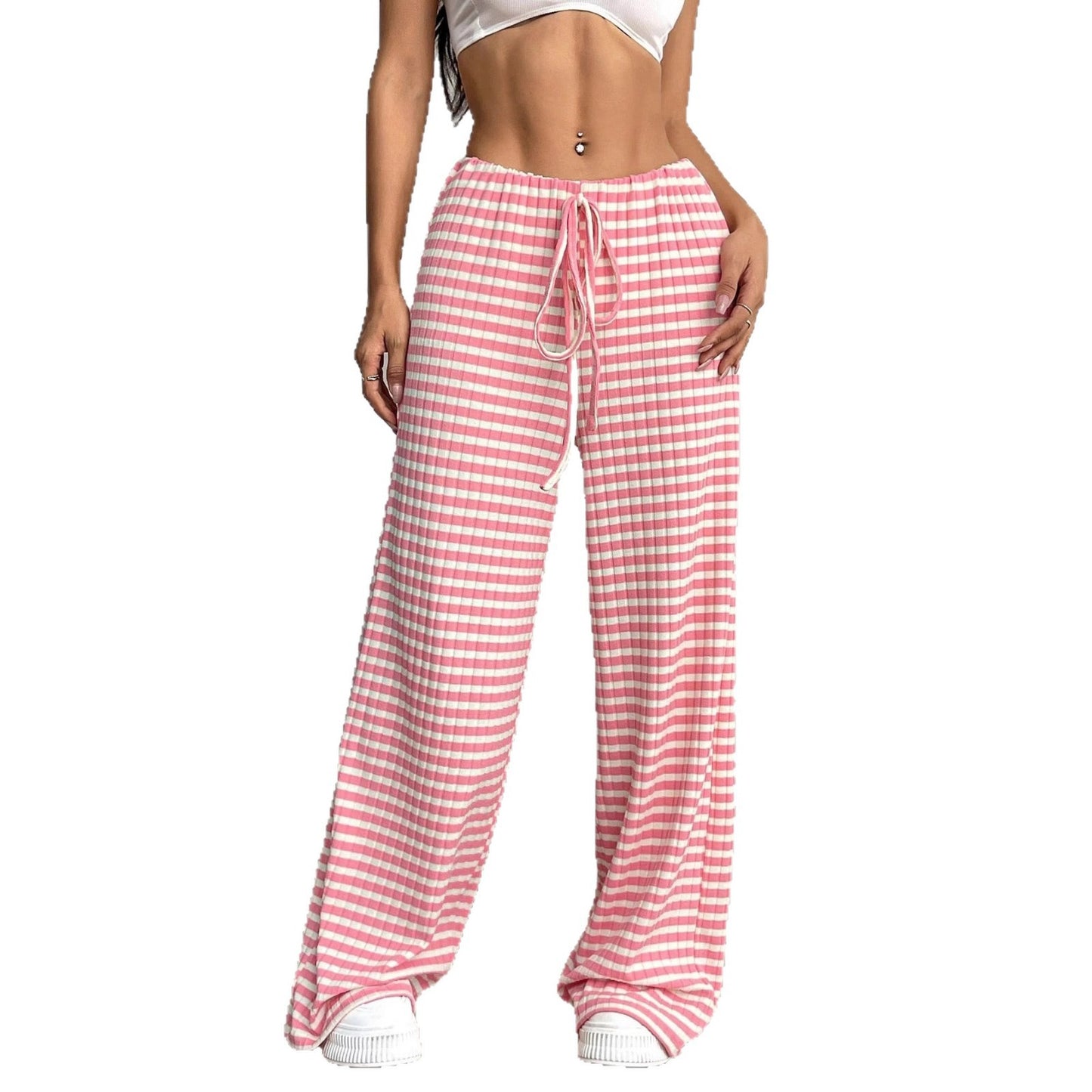 Wide striped palazzo pants in lightweight cotton for women with tie belt Chic and Style