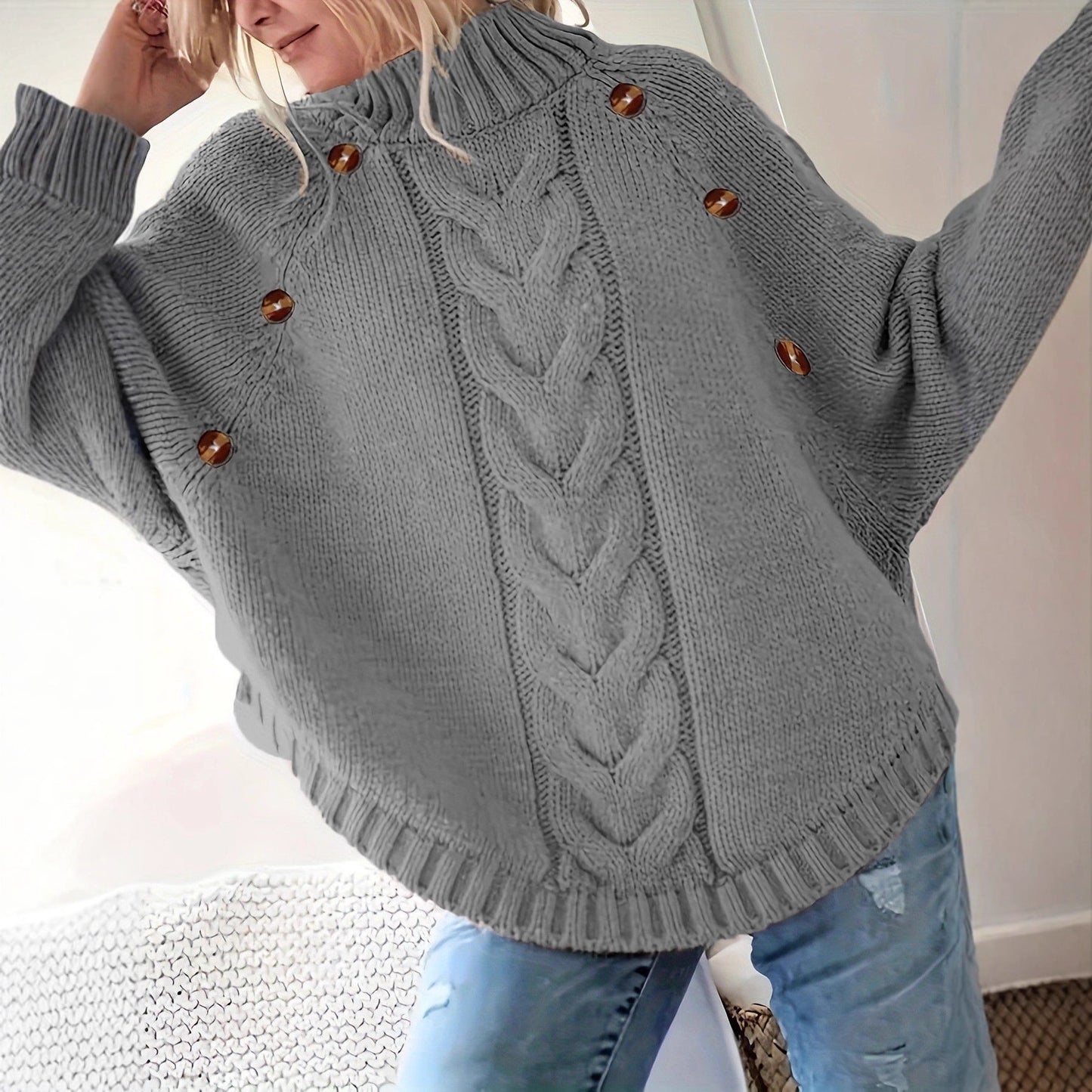 Dames gros pull en tricot avec col haut et détails de boutons Chic und Stil