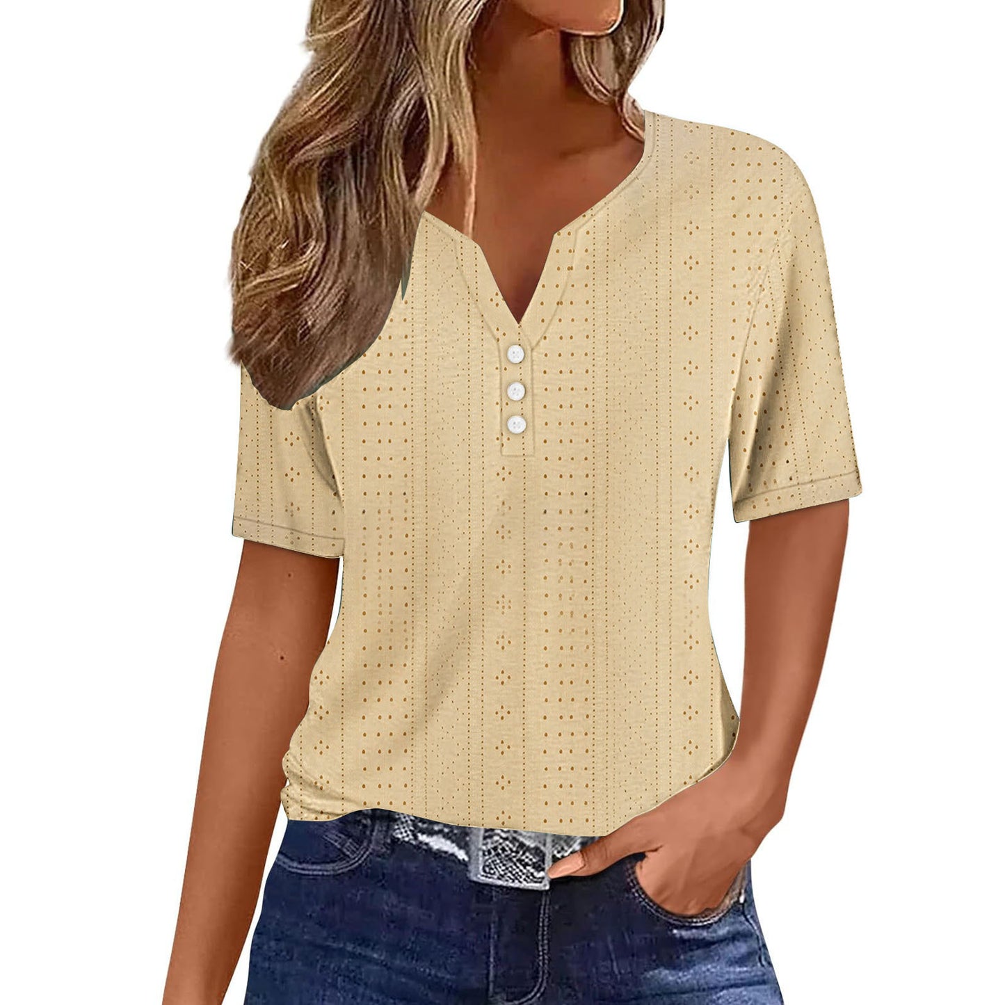 Chemise à manches courtes pour femmes avec détails de boutons et fine structure en mailles plongeantes Chic und Stil