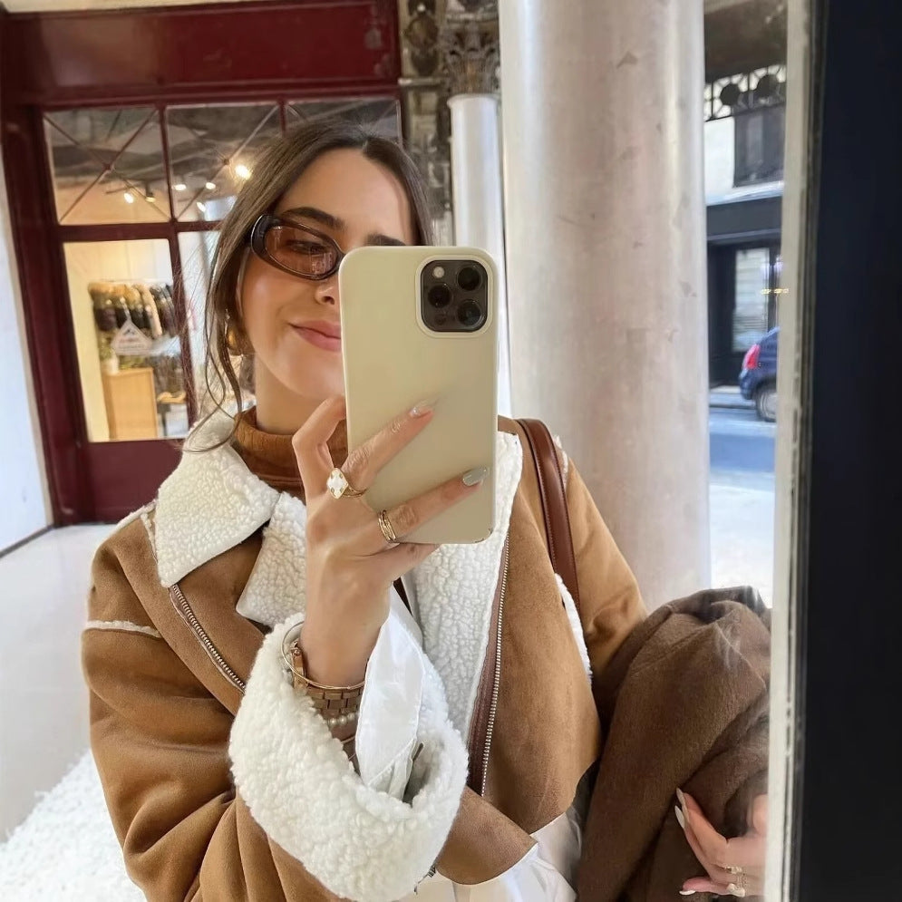 Dames cuir véritable veste de motard avec garniture en fausse fourrure Chic und Stil