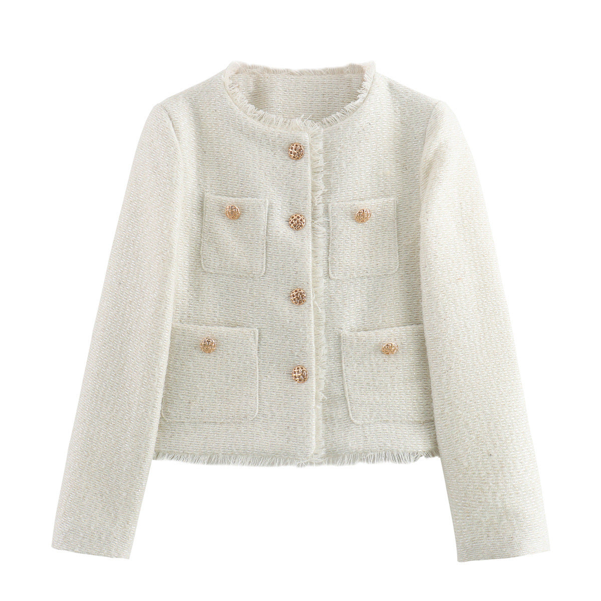Blazer féminin élégant coupé court avec tissu texturé et détails de boutons dorés Chic und Stil