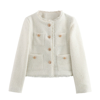 Blazer féminin élégant coupé court avec tissu texturé et détails de boutons dorés Chic und Stil