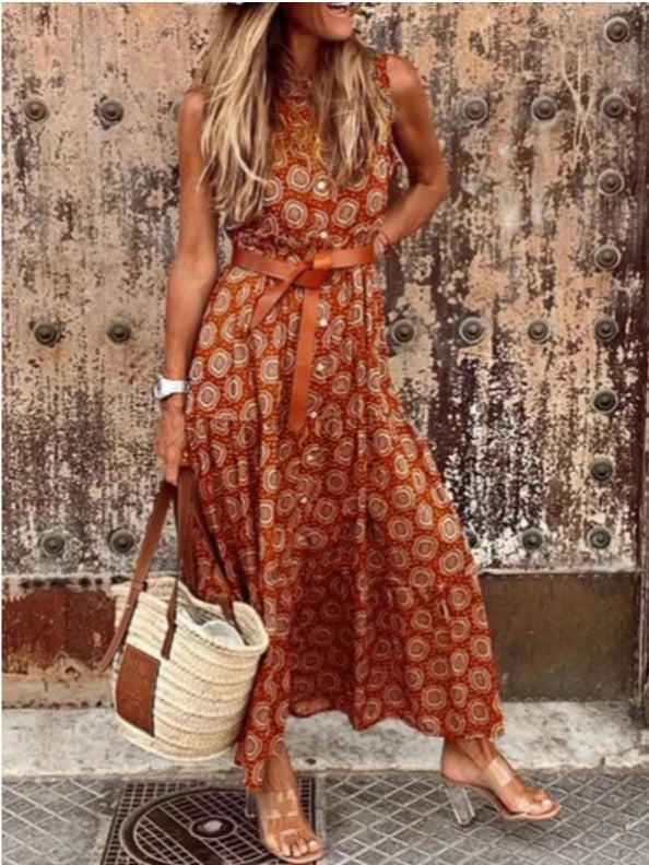 Robe maxi bohémienne pour femmes avec ceinture à la taille et motif floral Chic und Stil