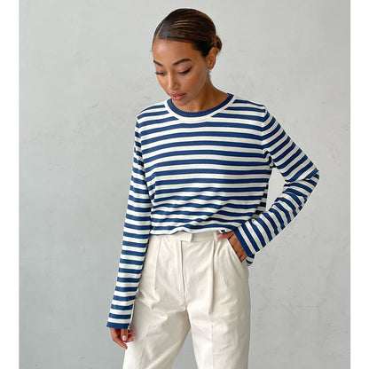 Femme pull à manches longues rayé avec col rond et coupe large Chic und Stil
