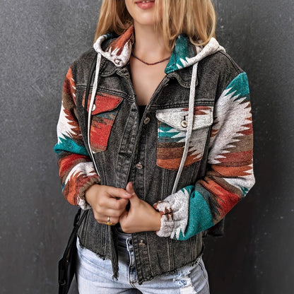 Veste en denim pour dames au style boho décontracté avec capuche Chic und Stil