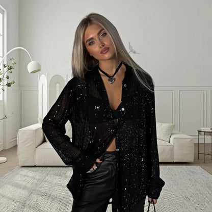 Dames Chemise Oversized Brillante avec Paillettes Chic und Stil