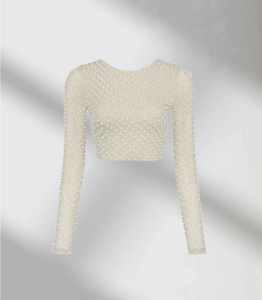 Dames Élégant Haut-Crop à Manches Longues avec Garniture de Perles Chic und Stil