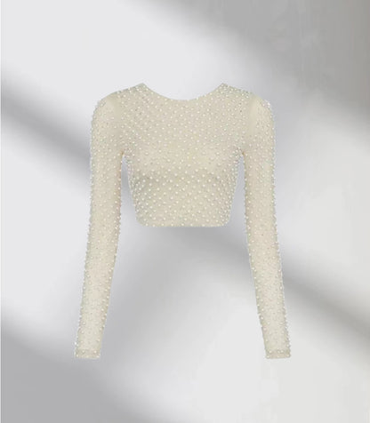 Dames Élégant Haut-Crop à Manches Longues avec Garniture de Perles Chic und Stil