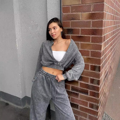 Chic and stylish trendy zip cropped hoodie for ladies with casual jogging pants