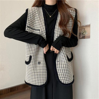 Dames élégant gilet en tricot à motif à carreaux Chic und Stil