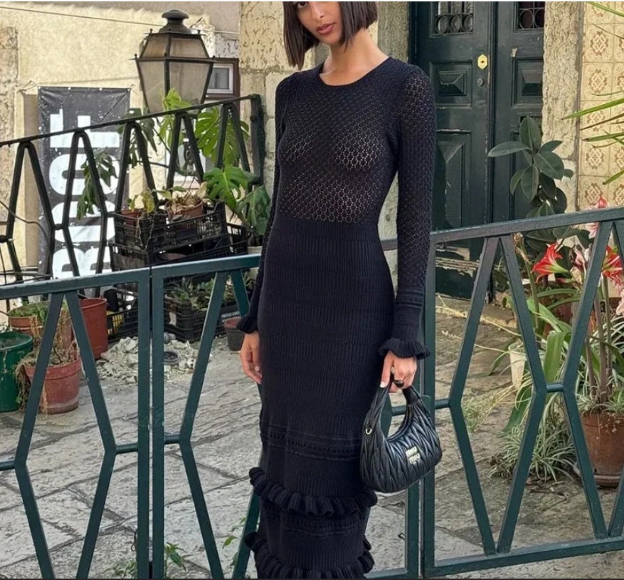 Robe maxi en tricot pour femmes avec un motif en losanges raffiné et une rayure contrastante Chic und Stil