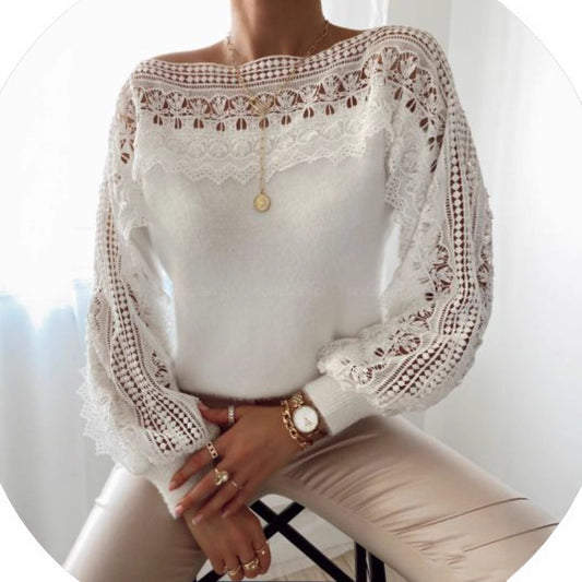 Pull en tricot pour femmes avec des éléments en dentelle et des volants Chic und Stil