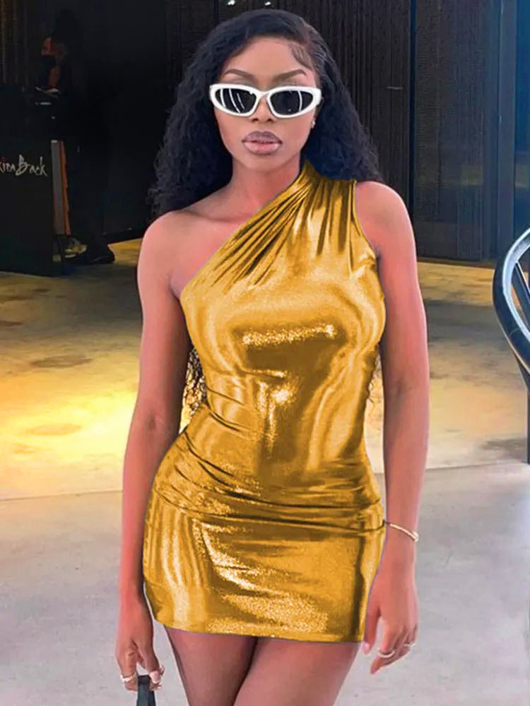 Robe Bodycon Métallique À Épaule Unique Femme Chic und Stil