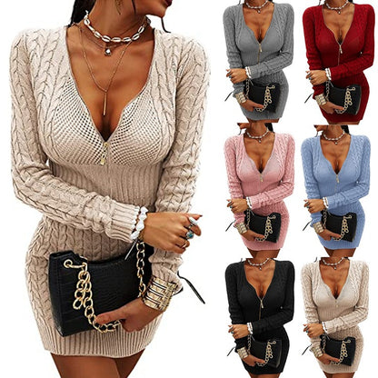 Robe tricot pour femmes avec décolleté en V profond et fermeture éclair élégante Chic und Stil