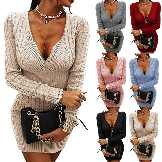 Robe tricot pour femmes avec décolleté en V profond et fermeture éclair élégante Chic und Stil