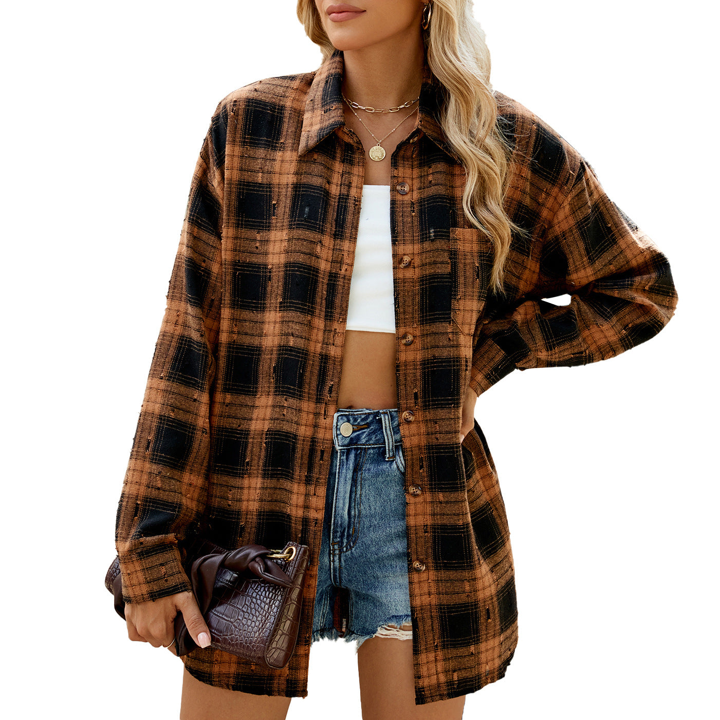 Dames Chemise en flanelle à carreaux avec coupe décontractée et détails en bois Chic und Stil